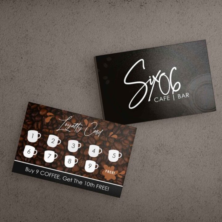 A sophisticated café loyalty card featuring exquisite design by Roovista Designs. Coffee cup illustrations and elegant typography create a visually appealing card for loyal customers. Elevate your brand with our artistic touch!