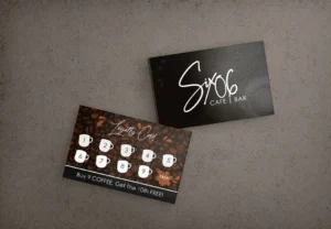 A loyalty card design for a cafe, featuring a stylish and minimalist layout with the cafe logo, loyalty program details, and space for stamps or stickers.
