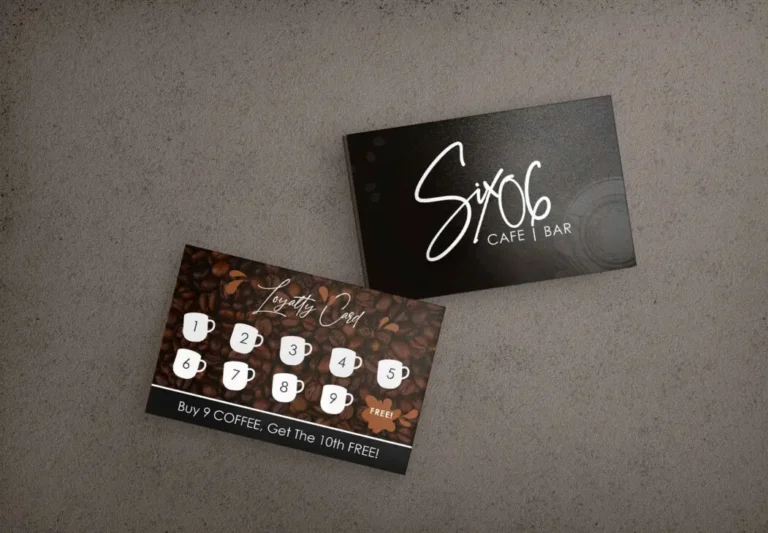 A loyalty card design for a cafe, featuring a stylish and minimalist layout with the cafe logo, loyalty program details, and space for stamps or stickers.