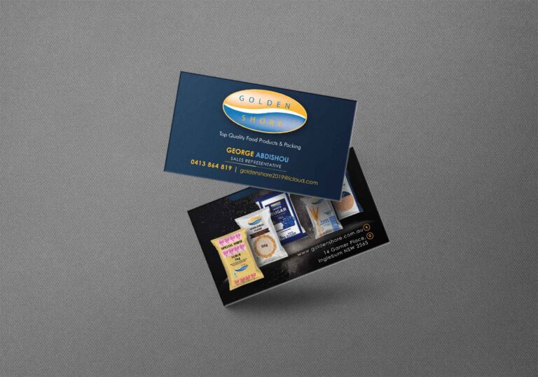A professional business card for a food product company, featuring a clean design with the company logo, contact information, and a vibrant food image background.