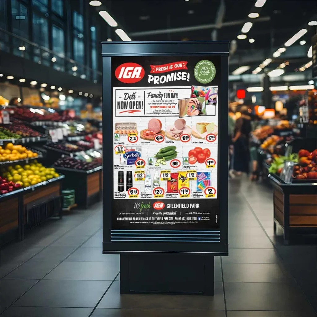 A supermarket catalogue design featuring a clean and organized layout with vibrant images of various grocery items, including fresh produce, packaged goods, and household essentials.