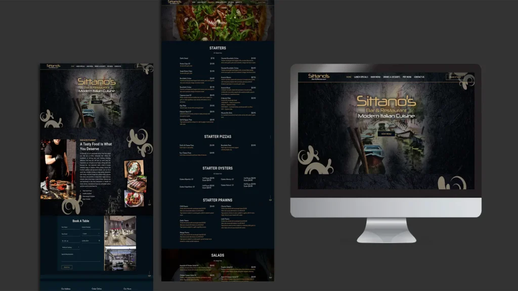 A mockup of an Italian restaurant website development, featuring a modern interface with images of Italian cuisine, rustic decor, and easy navigation.