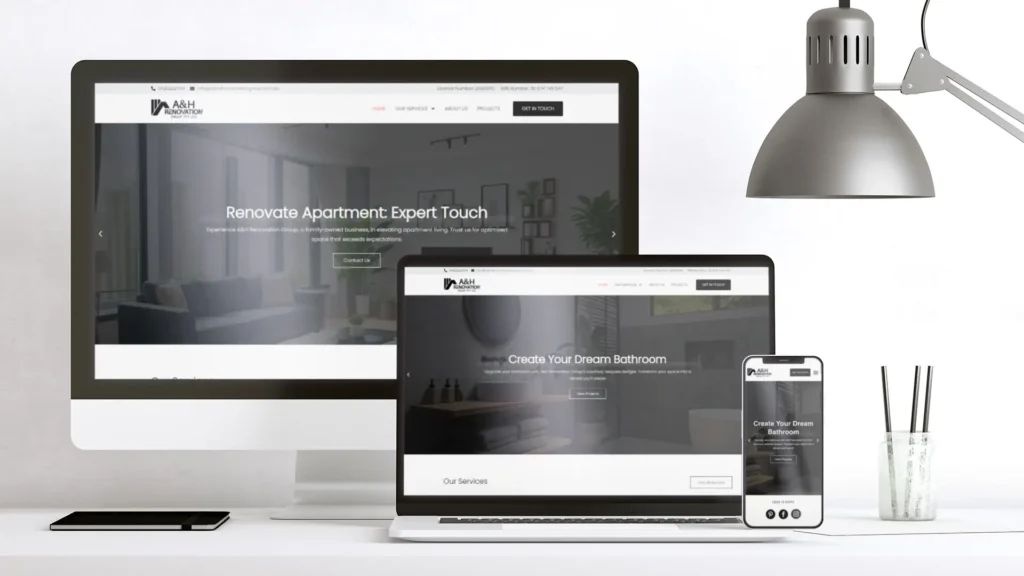 A mockup of a renovation company website development, featuring a clean and modern interface with before-and-after images of home renovations, services offered, and contact information.