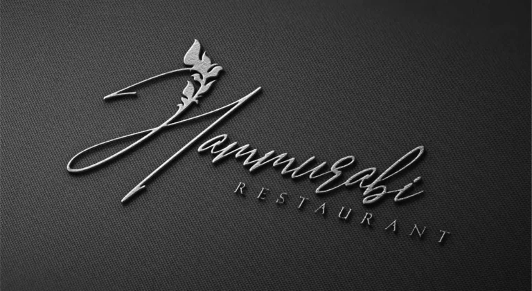 A logo graphic design for a Persian restaurant, featuring intricate vine patterns in black and silver, with elegant typography