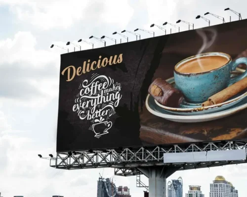 A billboard graphic design for a cafe, showcasing a warm and inviting atmosphere with images of delicious coffee drinks, pastries, and cozy seating.