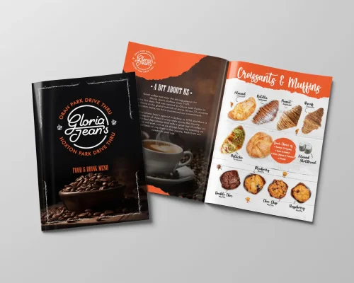A cafe product catalogue design featuring a modern layout with clean typography, high-quality images of cafe products, and a warm color palette.