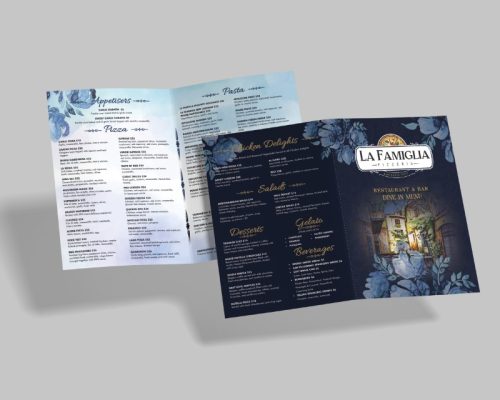 A folded A3 dine-in menu graphic design for a pizzeria restaurant, featuring a tempting array of pizza varieties, appetizers, beverages, and desserts