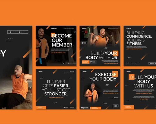 A social media post design for exercise promotion, featuring a vibrant background with energetic people exercising, motivational text, and branding elements.