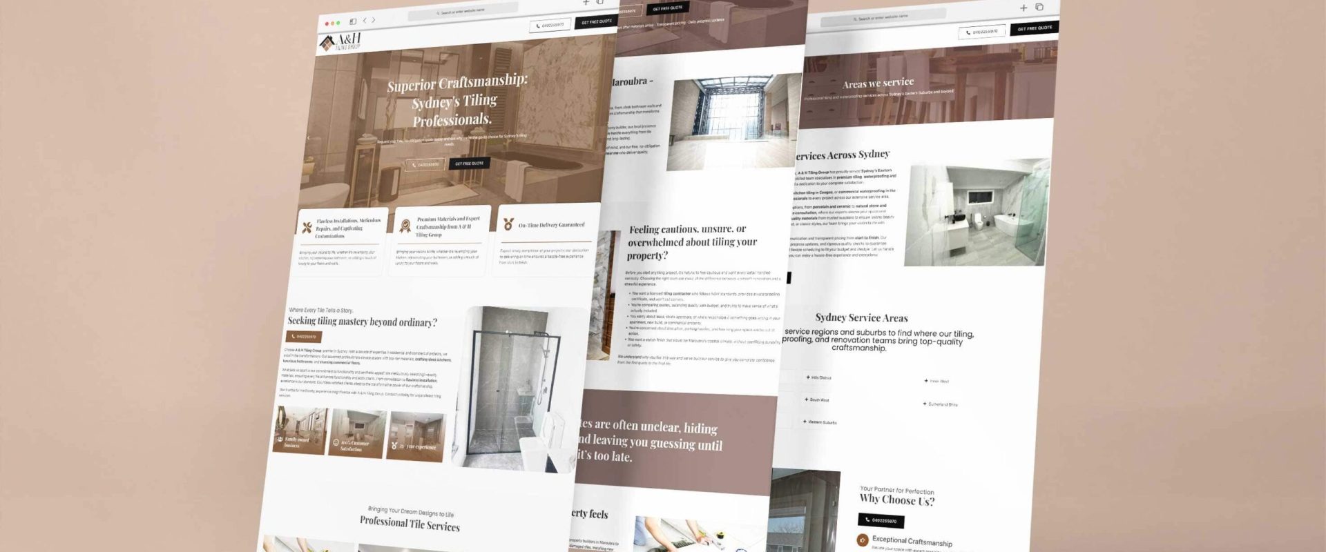 Professional website for Castle Cove tiling company featuring services, portfolio, and modern layout