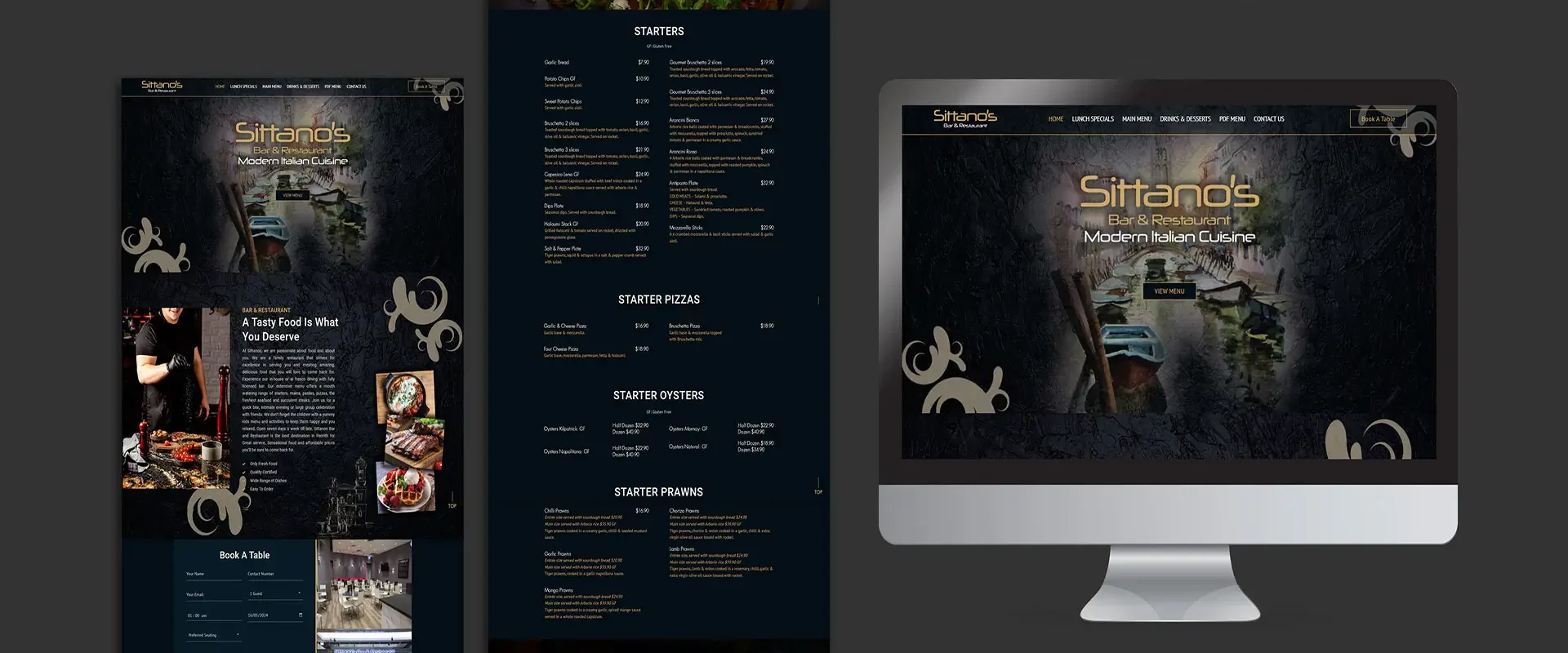 A mockup of an Italian restaurant website development, featuring a modern interface with images of Italian cuisine, rustic decor, and easy navigation.