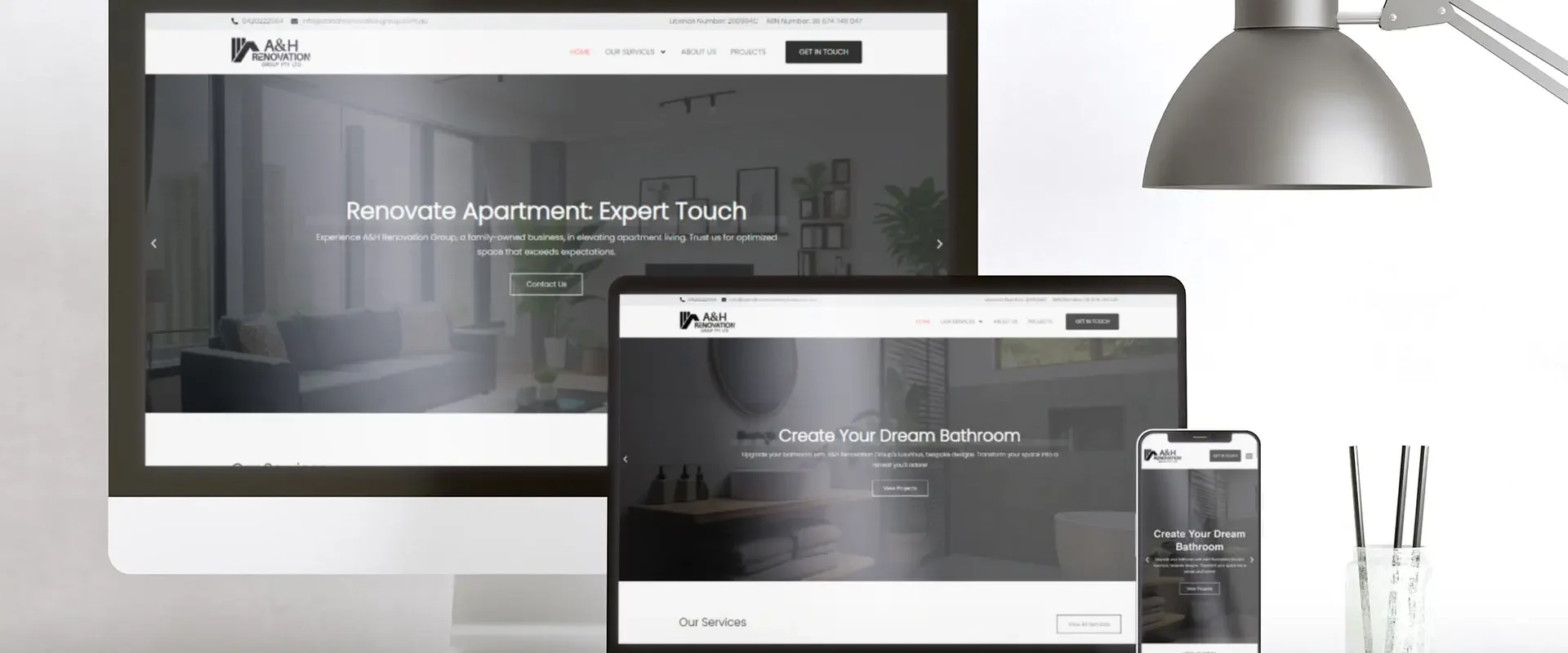 A mockup of a renovation company website development, featuring a clean and modern interface with before-and-after images of home renovations, services offered, and contact information.
